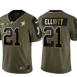 Dallas Cowboys #21 Ezekiel Elliott 2021 Olive Salute To Service Golden Limited Stitched Jersey