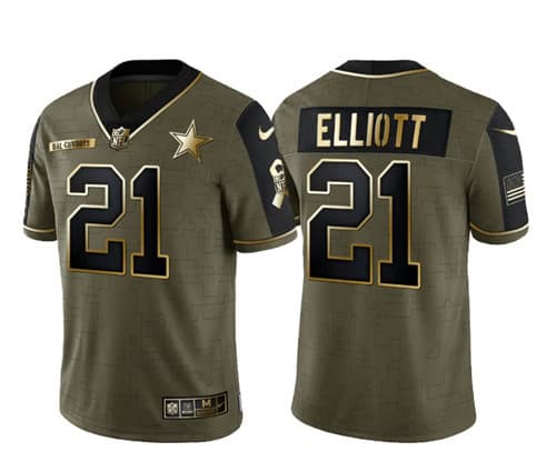 Dallas Cowboys #21 Ezekiel Elliott 2021 Olive Salute To Service Golden Limited Stitched Jersey