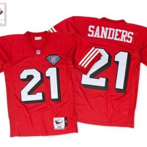 Mitchell And Ness 75TH 49ers #21 Deion Sanders Red Stitched Throwback Jersey