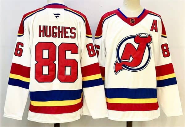 New Jersey Devils #86 Jack Hughes White Red 2024-25 With A Patch Stitched Jersey