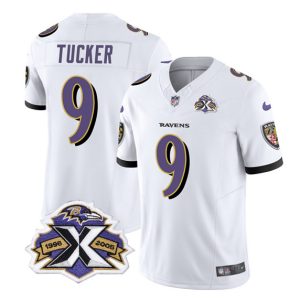Baltimore Ravens #9 Justin Tucker White 2023 F.U.S.E With Patch Throwback Vapor Limited Stitched Jersey