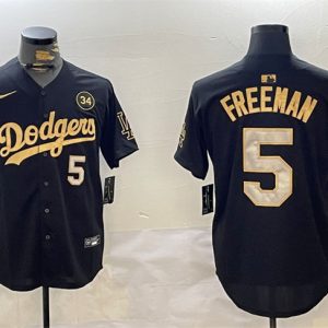 Los Angeles Dodgers #5 Freddie Freeman Black Gold 2024 World Series With No. 34 Patch Limited Stitched Jersey