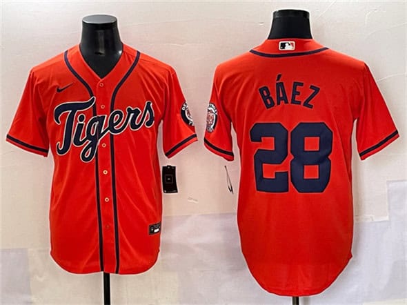 Detroit Tigers #28 Javier B¨¢ez Orange With Patch Cool Base Stitched Jersey
