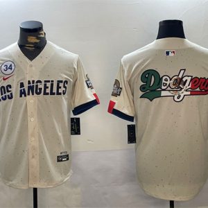 Los Angeles Dodgers Team Big Logo Cream 2024 World Series With No. 34 Patch Limited Stitched Jersey