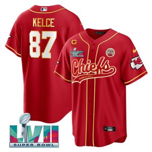 Kansas City Chiefs #87 Travis Kelce Red With 4-Star C Patch And Super Bowl LVII Patch Cool Bae Stitched Jersey