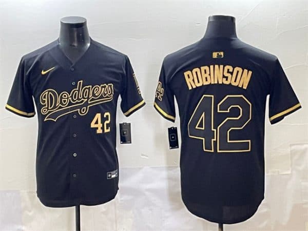 Los Angeles Dodgers #42 Jackie Robinson Black Gold Limited Stitched Jersey