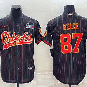 Kansas City Chiefs #87 Travis Kelce Black With Super Bowl LVII Patch Cool Base Stitched Baseball Jersey