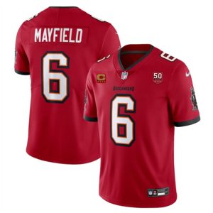 Tampa Bay Buccaneers #6 Baker Mayfield Red 2025 50th Anniversary Patch And 4-Star C Patch Vapor Untouchable Limited Football Stitched Jersey