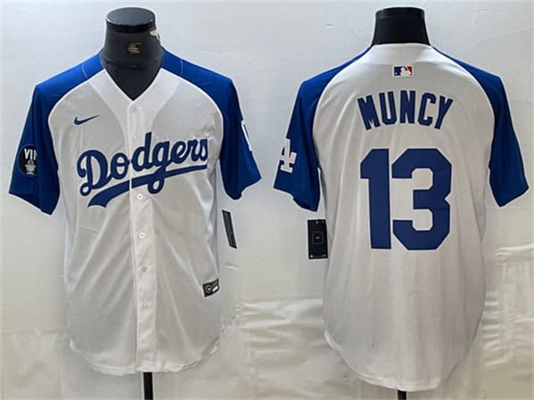 Los Angeles Dodgers #13 Max Muncy White Blue Vin Patch Cool Base Stitched Jersey