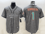 Miami Dolphins #1 Tua Tagovailoa Grey With Patch Cool Base Stitched Baseball Jersey