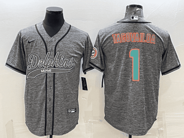 Miami Dolphins #1 Tua Tagovailoa Grey With Patch Cool Base Stitched Baseball Jersey