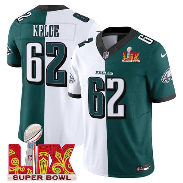 Philadelphia Eagles #62 Jason Kelce Green White 2025 Super Bowl LIX Patch F.U.S.E. Vapor Untouchable Limited Stitched Jersey