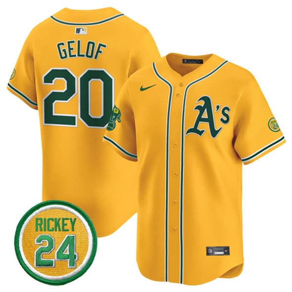 Oakland Athletics #20 Zack Gelof Yellow 2024 Limited With Rickey Henderson Patch Stitched Jersey