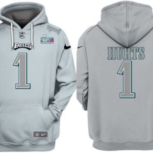 Philadelphia Eagles #1 Jalen Hurts Gray Atmosphere Fashion Super Bowl LVII Patch Pullover Hoodie