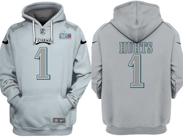 Philadelphia Eagles #1 Jalen Hurts Gray Atmosphere Fashion Super Bowl LVII Patch Pullover Hoodie
