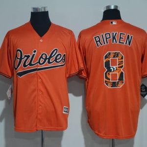 Baltimore Orioles #8 Cal Ripken Orange Team Logo Print Cool Base Stitched Jersey