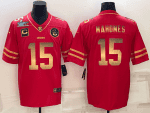 Kansas City Chiefs #15 Patrick Mahomes Red Gold Super Bowl LVII Patch And 4-Star C Patch Vapor Untouchable Limited Stitched Jersey