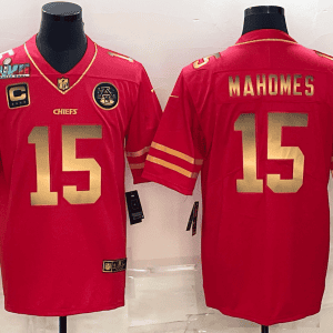 Kansas City Chiefs #15 Patrick Mahomes Red Gold Super Bowl LVII Patch And 4-Star C Patch Vapor Untouchable Limited Stitched Jersey