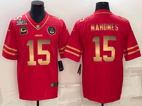 Kansas City Chiefs #15 Patrick Mahomes Red Gold Super Bowl LVII Patch And 4-Star C Patch Vapor Untouchable Limited Stitched Jersey