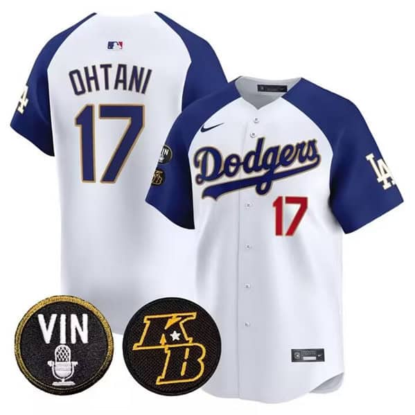 Los Angeles Dodgers #17 Shohei Ohtani White Vin Kobe Patch Cool Base Stitched Jersey