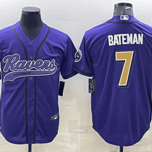 Baltimore Ravens #7 Rashod Bateman Purple Gold With Patch Cool Base Stitched Baseball Jersey