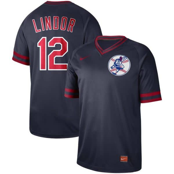 Cleveland Indians #12 Francisco Lindor "Mr. Smile" Navy Cooperstown Collection Legend Stitched Jersey