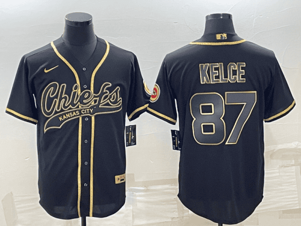 Kansas City Chiefs #87 Travis Kelce Black Gold With Patch Cool Base Stitched Baseball Jersey