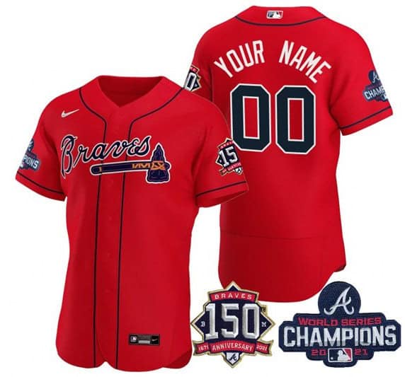 Atlanta Braves Red Customized Custom 2021 World Series Champions With 150th Anniversary Stitched Jersey