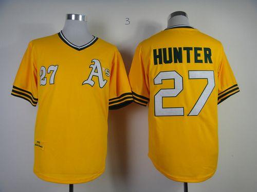Mitchell And Ness Athletics #27 Catfish Hunter Yellow Throwback Stitched Jersey