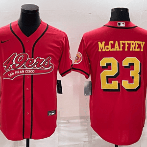 San Francisco 49ers #23 Christian McCaffrey Red Gold With Patch Cool Base Stitched Baseball Jersey