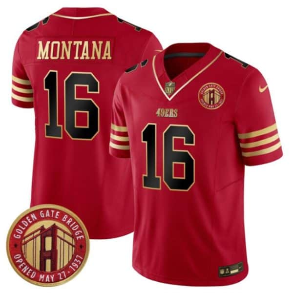 San Francisco 49ers #16 Joe Montana Red F.U.S.E. Golden Gate Bridge Patch Balck Scarlet Vapor Limited Stitched Jersey