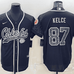 Kansas City Chiefs #87 Travis Kelce Black Reflective With Patch Cool Base Stitched Baseball Jersey