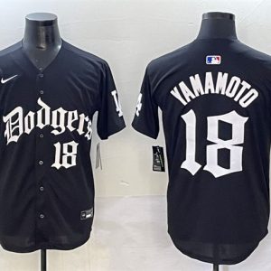 Los Angeles Dodgers #18 Yoshinobu Yamamoto Black 2025 LA Gothic Style With 2024 World Series Champions Patch Vapor Premier Limited Stitched Jersey