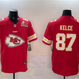 Kansas City Chiefs #87 Travis Kelce Red 2025 Super Bowl LIX Patch Team Big Logo Vapor Limited Stitched Jersey
