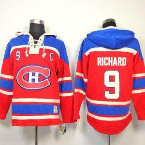 Canadiens #9 Maurice Richard Red Sawyer Hooded Sweatshirt Stitched Jersey