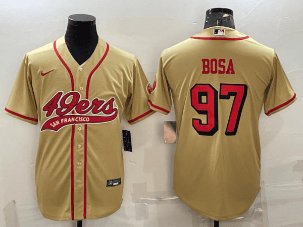 San Francisco 49ers #97 Nick Bosa New Gold With Patch Cool Base Stitched Baseball Jersey
