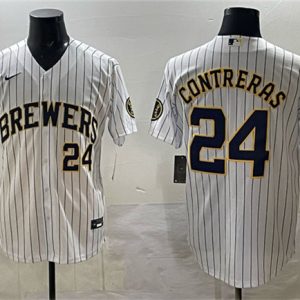 Milwaukee Brewers #24 William Contreras White Pinstripe 2025 With Patch Stitched Stitched Jersey