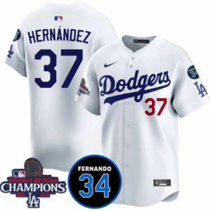 Los Angeles Dodgers #37 Teoscar Hernandez White 2024 World Series Champions With Fernando Memorial Patch Vapor Premier Home Limited Stitched Jersey