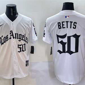 Los Angeles Dodgers #50 Mookie Betts White Mexico 2025 LA Gothic Style With Fernando Patch Vapor Premier Limited Stitched Jersey