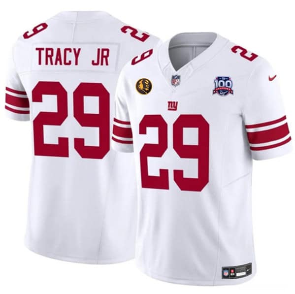 New York Giants #29 Tyrone Tracy Jr. White 2024 F.U.S.E. With John Madden Patch And 100TH Season Patch Vapor Untouchable Limited Stitched Jersey
