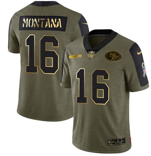 San Francisco 49ers #16 Joe Montana 2021 Olive Camo Salute To Service Golden Limited Stitched Jersey