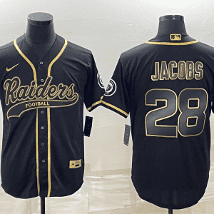 Las Vegas Raiders #28 Josh Jacobs Black Gold With Patch Cool Base Stitched Baseball Jersey