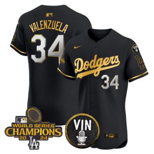 Los Angeles Dodgers #34 Toro Valenzuela Black Gold 2024 World Series Champions With Vin Patch Vapor Limited Stitched Jersey
