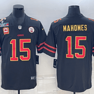 Kansas City Chiefs #15 Patrick Mahomes Black Red Gold Super Bowl LVII Patch And 4-Star C Patch Vapor Untouchable Limited Stitched Jersey