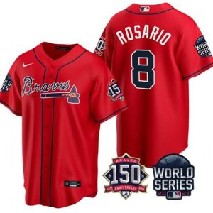 Atlanta Braves #8 Eddie Rosario 2021 Red World Series With 150th Anniversary Patch Cool Base Stitched Jersey