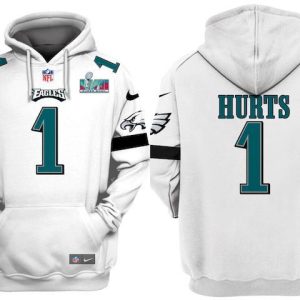 Philadelphia Eagles #1 Jalen Hurts White Super Bowl LVII Patch Pullover Hoodie