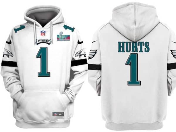 Philadelphia Eagles #1 Jalen Hurts White Super Bowl LVII Patch Pullover Hoodie