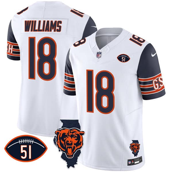 Chicago Bears #18 Caleb Williams White F.U.S.E. With Illinois And No. 51 Patch Stitched Jersey