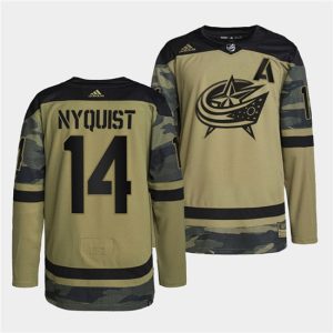 Columbus Blue Jackets #14 Gustav Nyquist 2022 Camo Military Appreciation Night Stitched Jersey