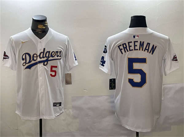 Los Angeles Dodgers #5 Freddie Freeman White Gold 2024 World Series Champions With Fernando Memorial Patch Home Limited Stitched Jersey